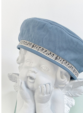 misspatina英伦摇篮曲音符织带丹宁贝雷帽水洗牛仔蓝画家帽显脸小