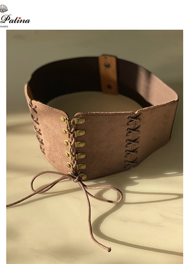 MissPatina 简约复古铆钉麂皮绒绑带弹力腰封腰带