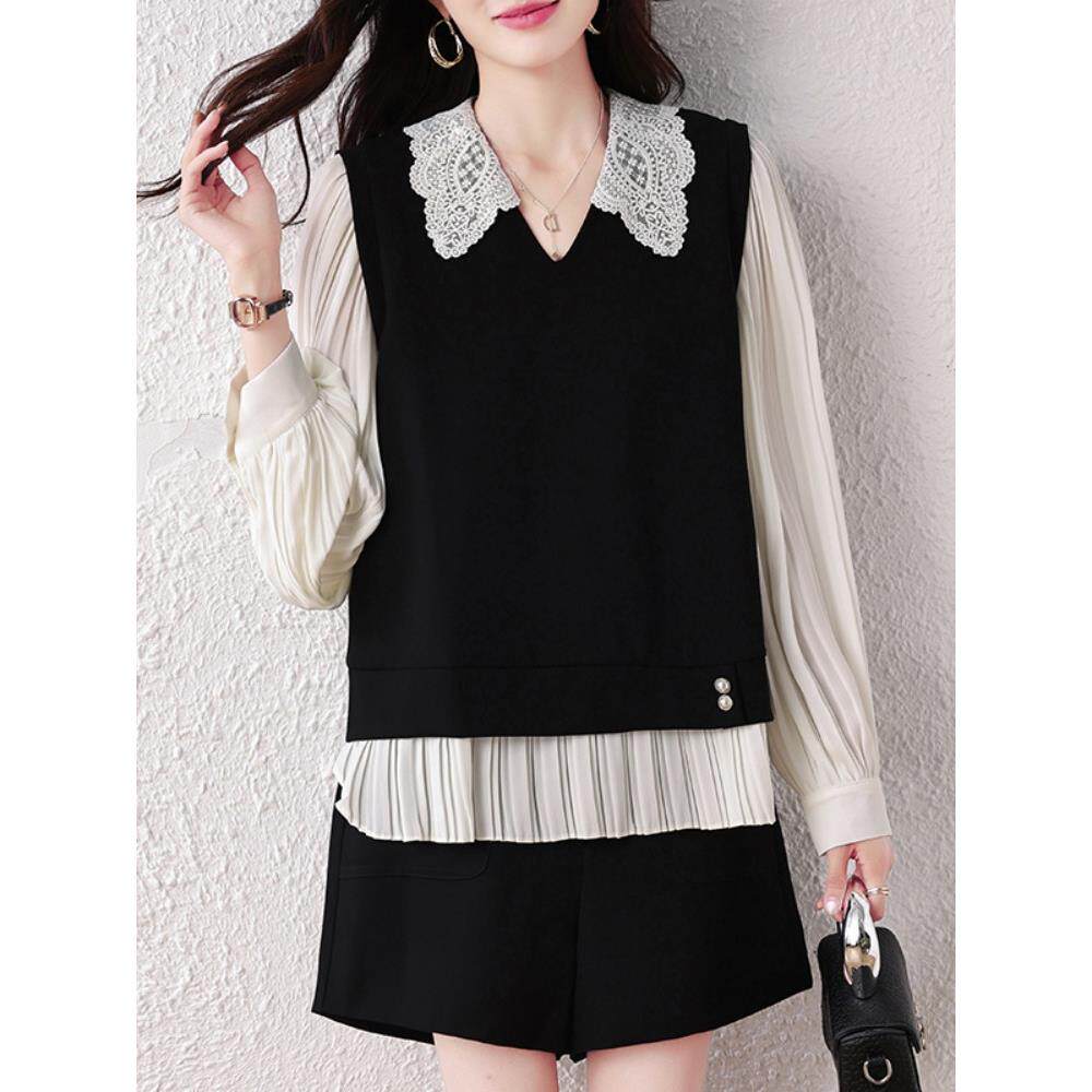 ROUMIKL假两件蕾丝拼接衬衫上衣女士秋季巨好看的高级感洋气减龄