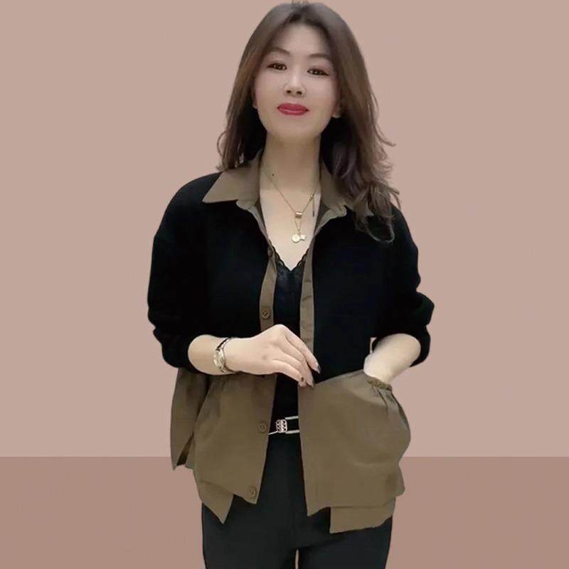 ROUMIKL高级感假两件正肩衬衫外套女秋季妈妈小个子短版风衣夹克