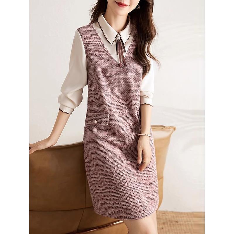 ROUMIKL洋派假两件洋装女春秋2025新款妈妈遮肚时尚显瘦气质小香