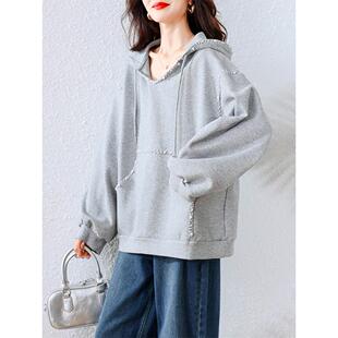ROUMIKL灰色连帽卫衣女士早秋巨好看的洋气时尚宽松慵懒风遮肚子