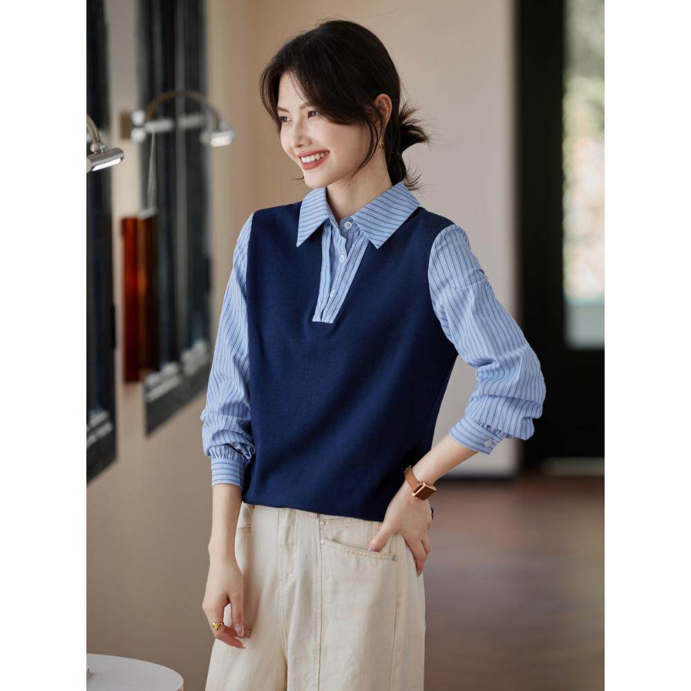 ROUMIKL假两件拼接条纹衬衫针织上衣女士早秋巨好看的高级感洋气