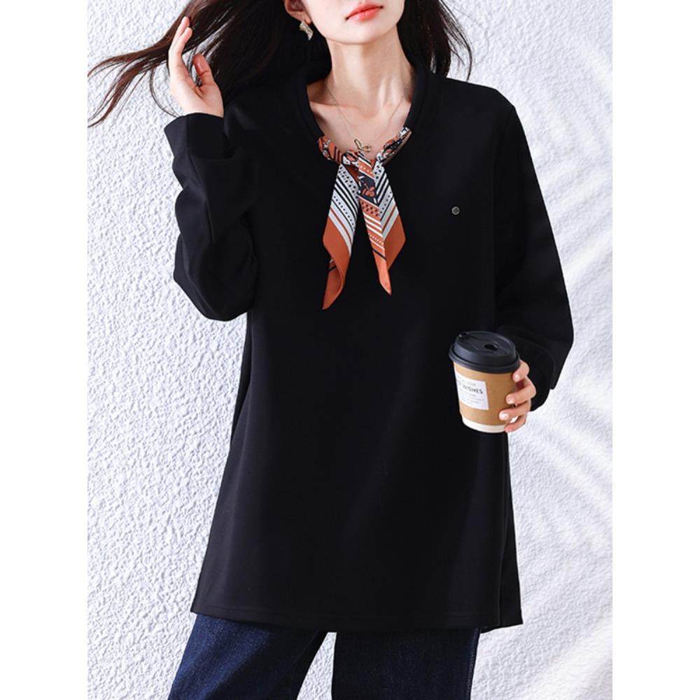 ROUMIKL黑色丝巾正肩卫衣女士秋季巨好看的洋气时尚宽松中长款遮