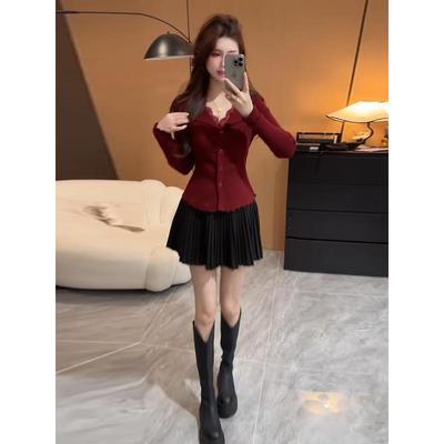 ROUMIKL小个子独特漂亮套装秋季2025新款法式V领蕾丝针织衫+百褶