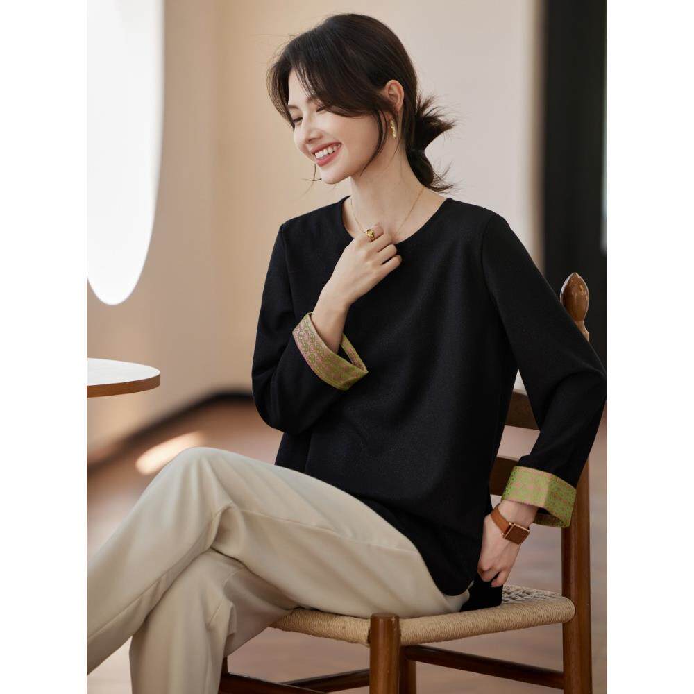 ROUMIKL黑色圆领卫衣外套女士早秋巨好看的宽松慵懒风新中式国风