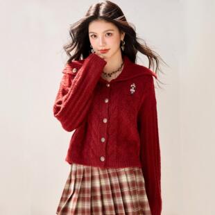 ROUMIKL红色短款针织开衫毛衣外套女秋冬独特漂亮高级感慵懒宽松