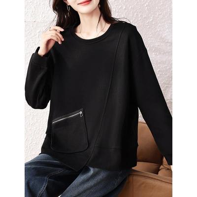 ROUMIKL黑色正肩卫衣外套女士秋季巨好看的洋气时尚高级感宽松慵