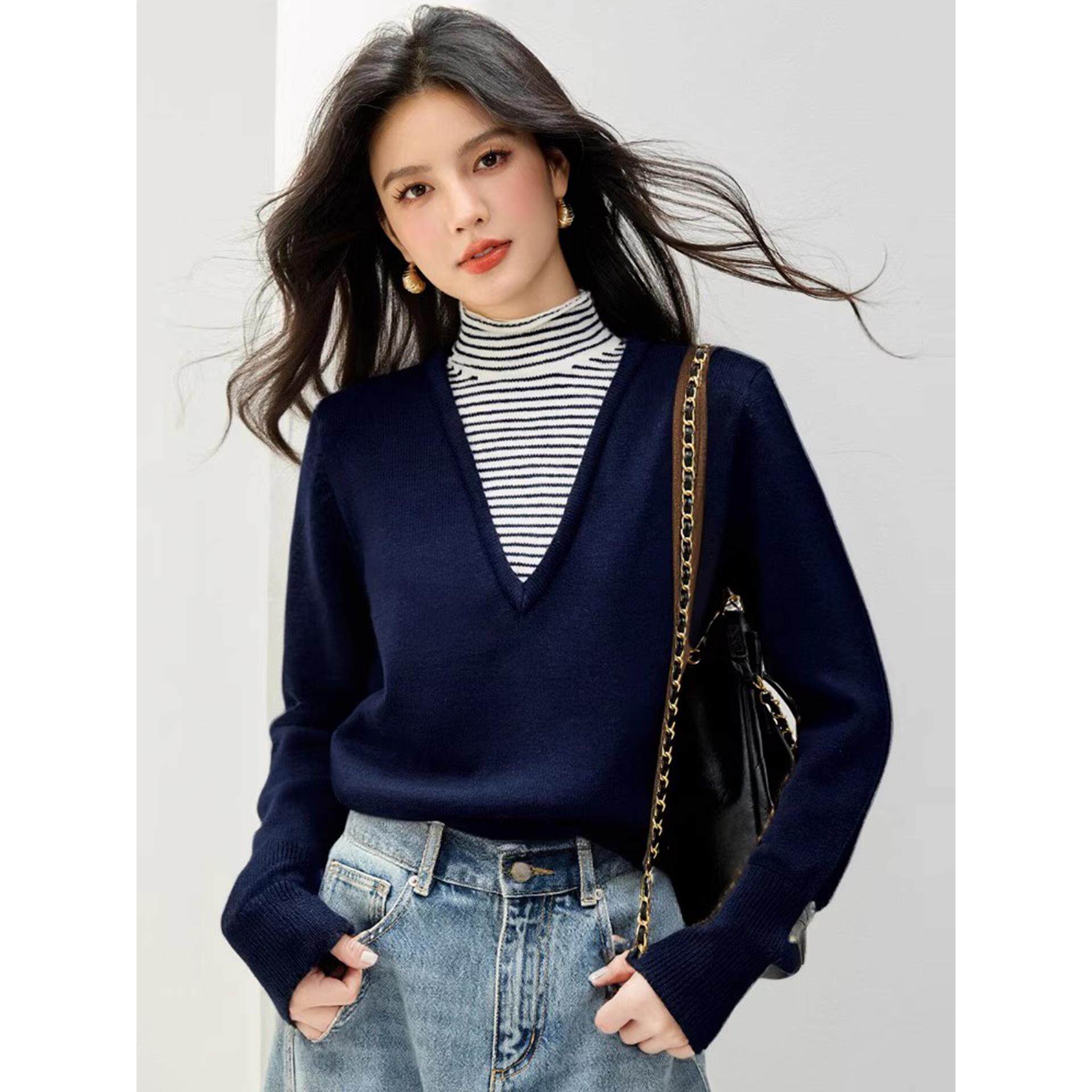 ROUMIKL假两件条纹针织内搭打底衫女秋冬巨好看的高级感绝美漂亮