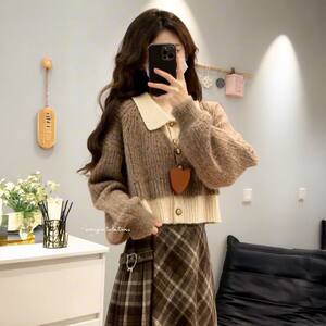 迪葵纳温柔假两件polo领短款毛衣女秋冬氛围感复古格纹半身裙套装