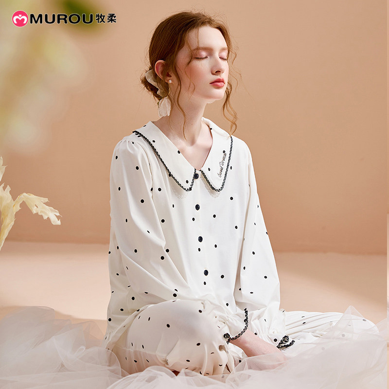 牧柔女士波点开衫套装95%棉宽松简约睡衣长袖套装外出翻领家居服