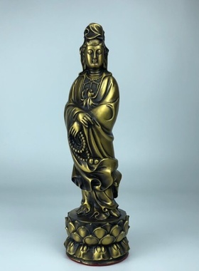 精工黄铜观世音菩萨站莲花像家居供奉摆件黄铜观音佛像摆设