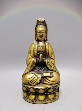 古玩铜器收藏观音摆件  黄铜坐莲观音铜摆件家居佛堂供奉摆设