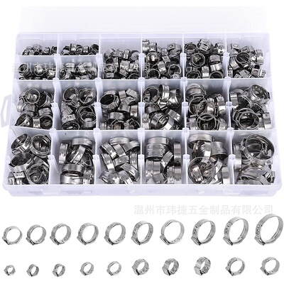 420PCS盒装单耳环箍不锈钢卡箍密封管夹20种规格单耳无极弹性箍圈