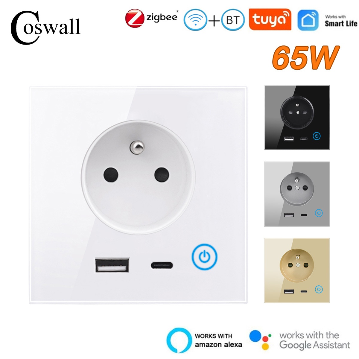 Matter欧规65W快充插座智能WiFi ZigBee Homekit 玻璃触摸法式USB