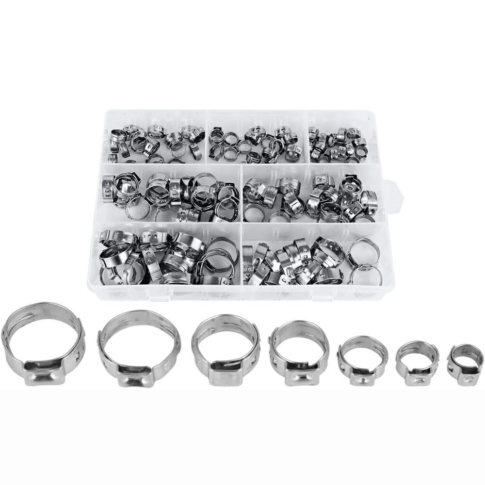 跨境130pcs盒装304不锈钢/单耳无极卡箍喉箍抱箍卡扣管夹套装
