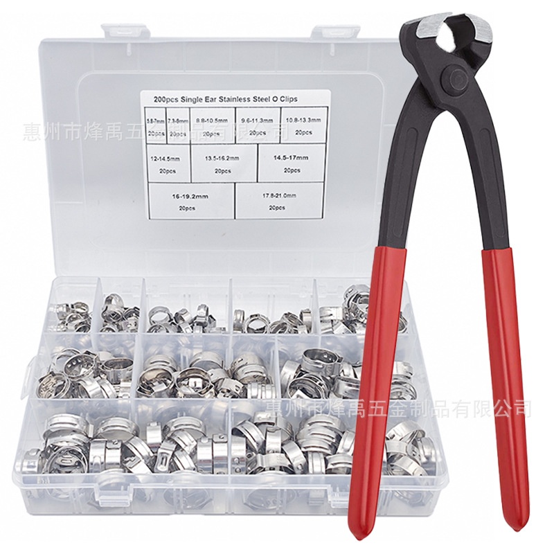 跨境200PCS盒装不锈钢卡箍管箍单耳箍圈软管夹美式喉箍带钳子