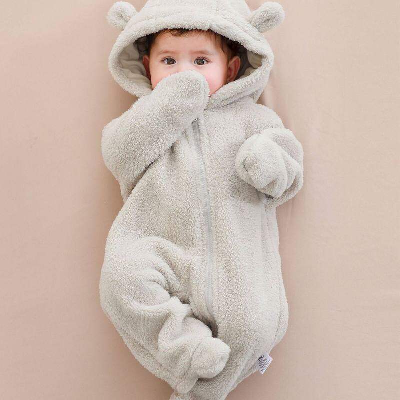 婴儿包脚连体衣加绒加厚宝宝冬装棉服毛耸耸睡衣婴幼儿加棉外出服
