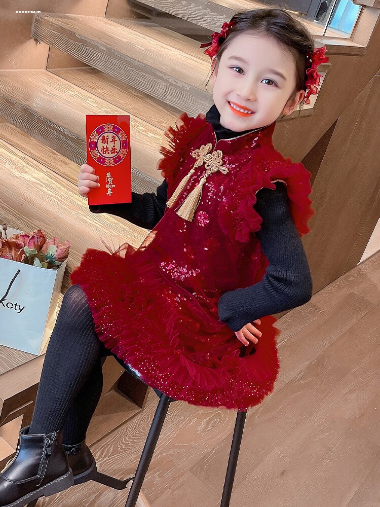 拜年服女童冬季新款唐装女宝龙年中国风新年装儿童喜庆汉服旗袍裙