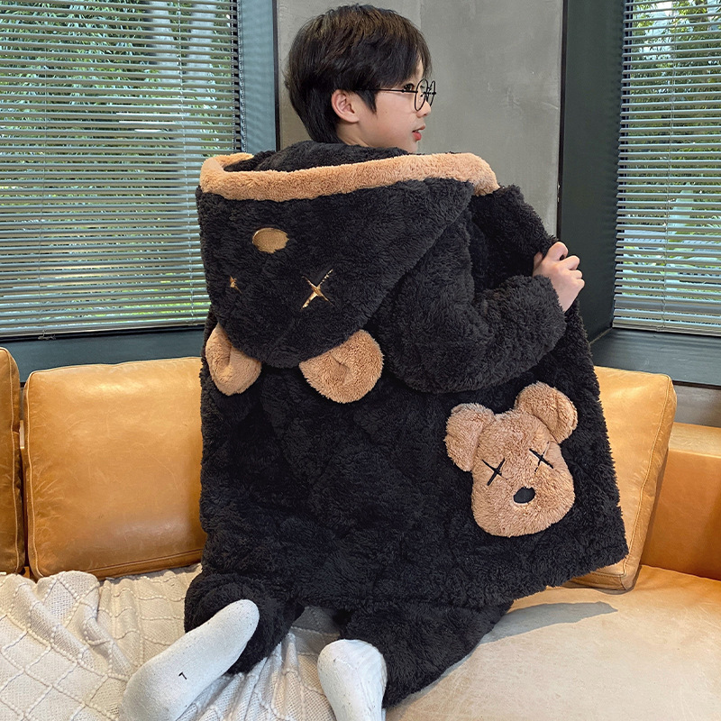儿童家居服三层加绒加厚夹棉冬装小童居家服保暖男童睡衣冬季套装