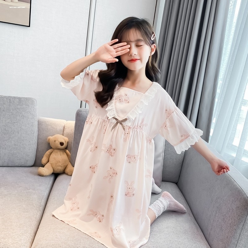 儿童睡袍女宝宝莫代尔短袖睡衣夏季薄款女童连体睡裙空调浴袍春夏