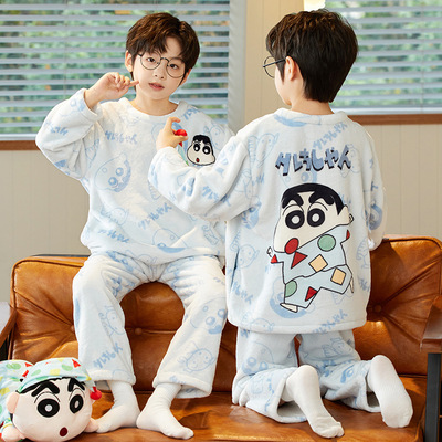 儿童睡衣男孩2025新款秋冬季加绒加厚珊瑚绒男童睡袍冬款男孩套装
