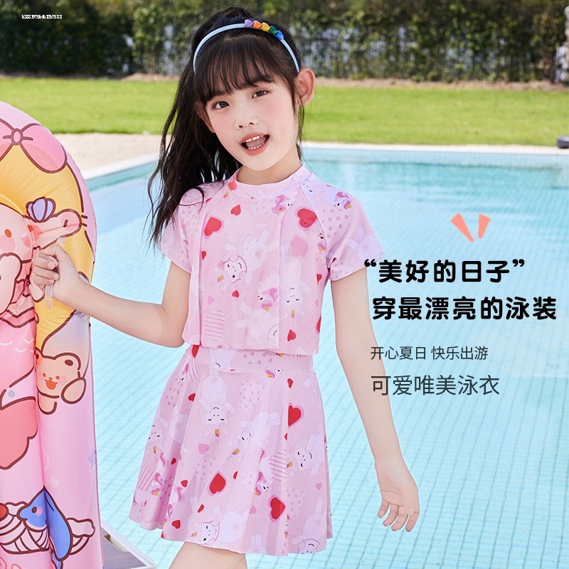 儿童泳衣女孩可爱波点中小童连体女童宝宝学生泳装裙式度假游泳衣