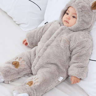 冬季婴儿幼儿连体衣加绒加厚卡通帽子可拆女宝宝外出防寒保暖哈衣