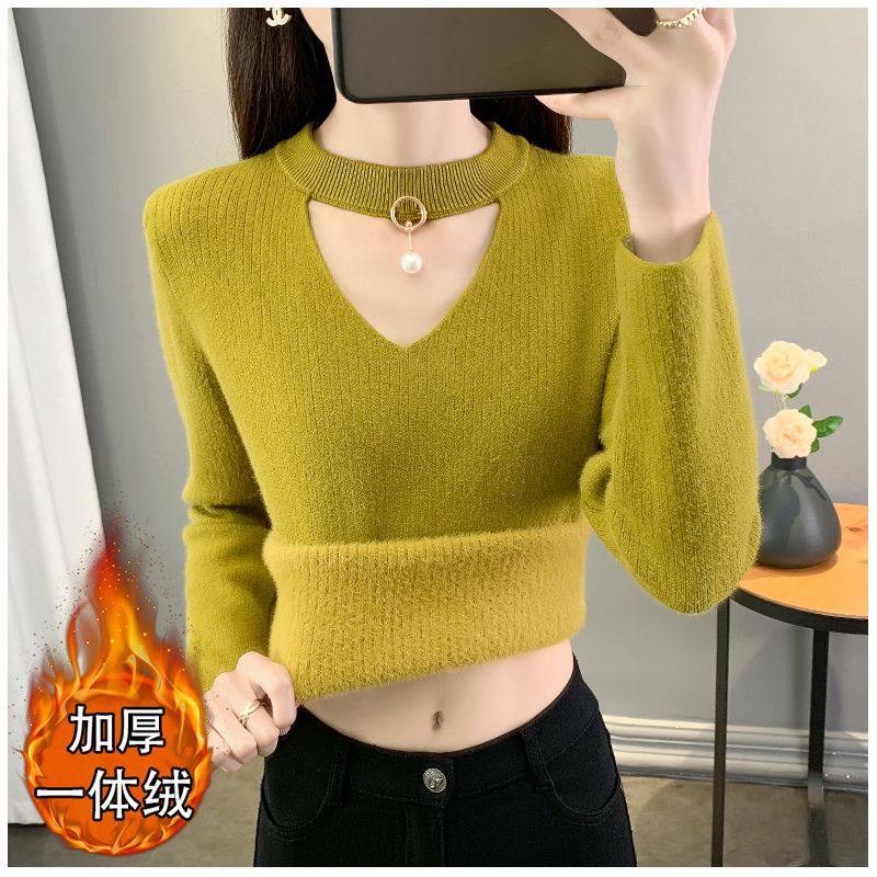 挂脖V领一体绒加绒加厚毛衣女2025秋冬新款韩版打底衫针织上衣潮,女装/女士精品,毛衣,淘宝优惠券,粉丝福利购,淘宝优惠卷