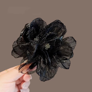 法国LastKiss网纱黑色花朵抓夹女后脑勺发卡显脸小高级感2025新款