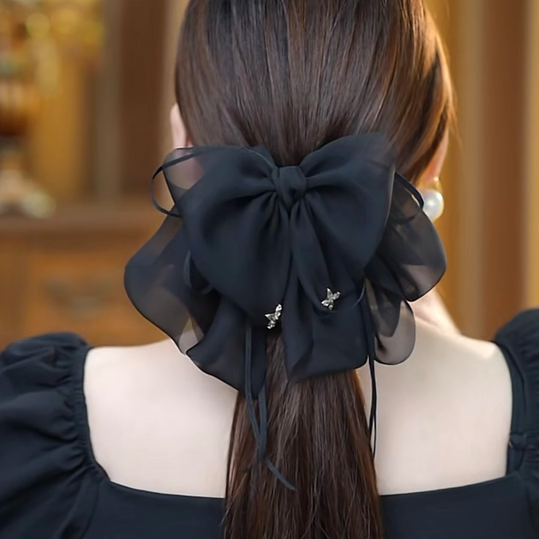 黑色蝴蝶结网纱抓夹女赫本风