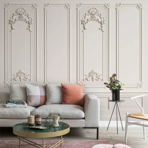 复古法式美式墙布美容院间壁纸高级感轻奢浮雕石膏线墙纸卧室