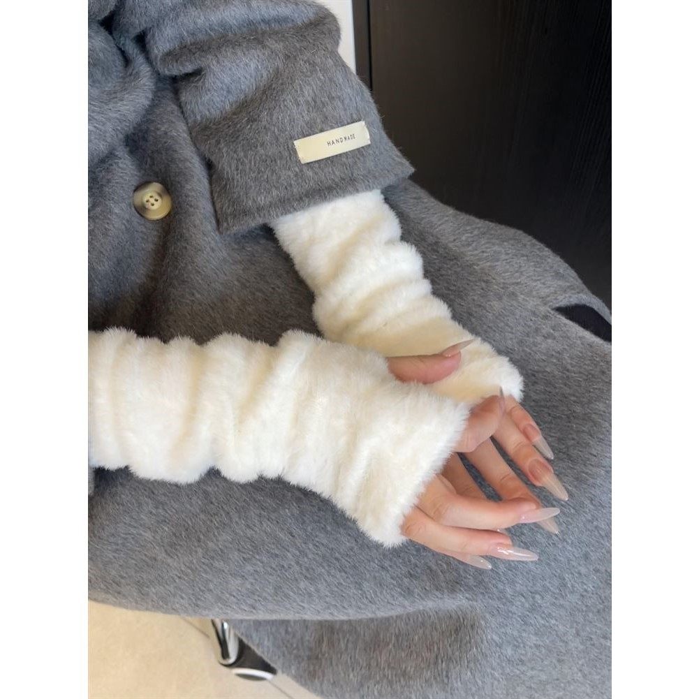 软糯毛绒半指手套女加绒保暖春秋袖套可爱仿兔毛日系长袖漏指手套