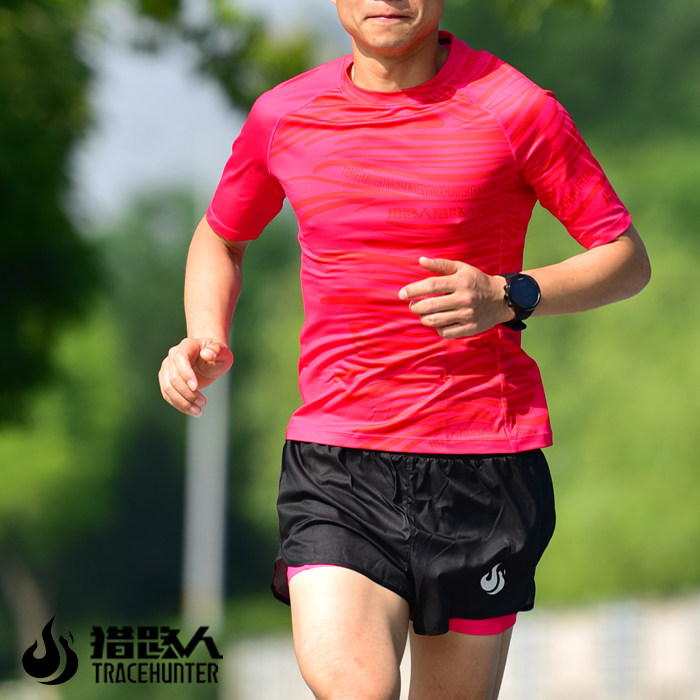 猎路人TH速干透气运动排汗弹力跑步训练户外男士短袖T恤氢气蜜桃