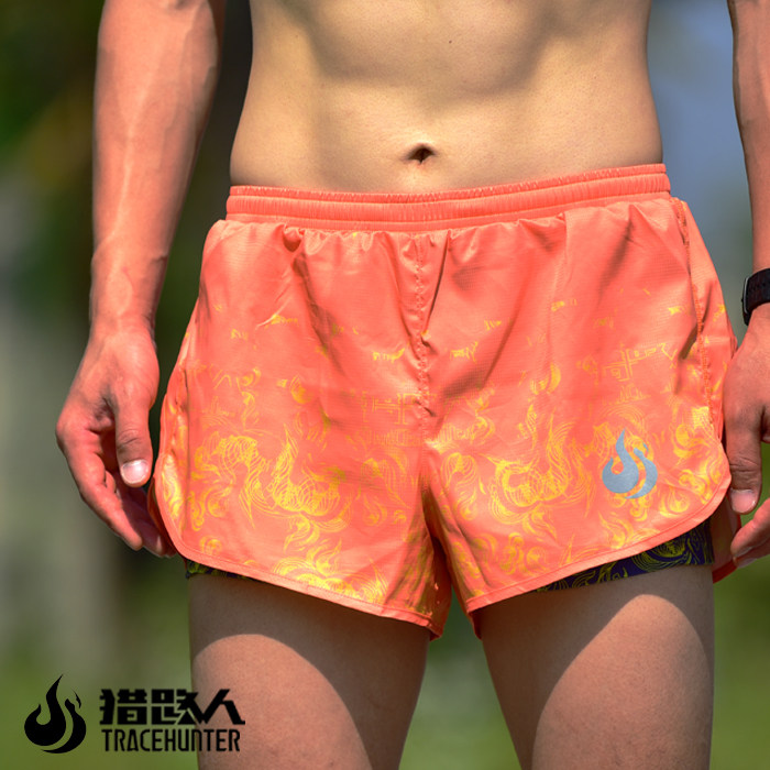 猎路人户外跑步训练速干透气内衬防磨防泼水反光男士运动短裤橘络