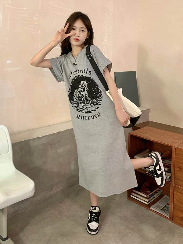 간호 복장 복장 반팔 티셔츠 간호 복장 중간 길이 슬릿 여성 여름 2022 새로운 인쇄 느슨한