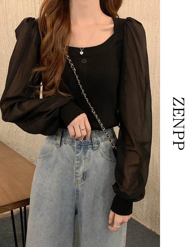 2024 새로운 간호 의류 봄과 가을 나들이 뜨거운 엄마 스타일 간호 탑 트렌디 스퀘어 넥 니트 퍼프 슬리브 셔츠 여성용