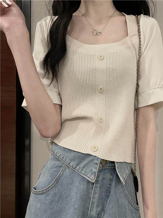 수유복 여름 반팔 티셔츠 2022 외출 시 더운 엄마를 위한 새로운 스타일 수유 상의 트렌디한 사각 직조 퍼프 슬리브 셔츠