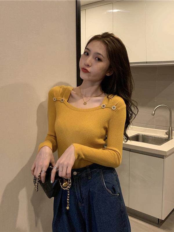 간호 스퀘어 넥 스웨터 간호 탑 긴 소매 바닥 셔츠 가을 2022 새로운 한국어 스타일 슬림 피트