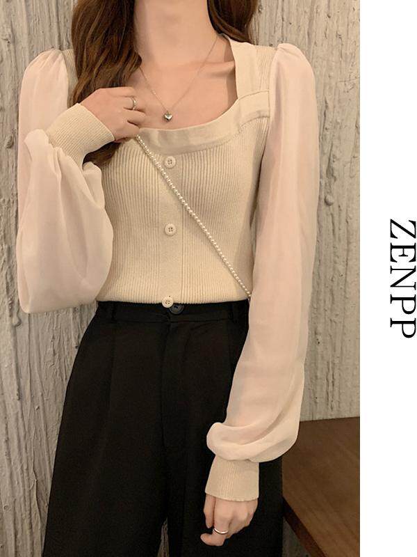 2024 새로운 간호 의류 봄과 가을 나들이 뜨거운 엄마 스타일 간호 탑 트렌디 스퀘어 넥 니트 퍼프 슬리브 셔츠 여성용