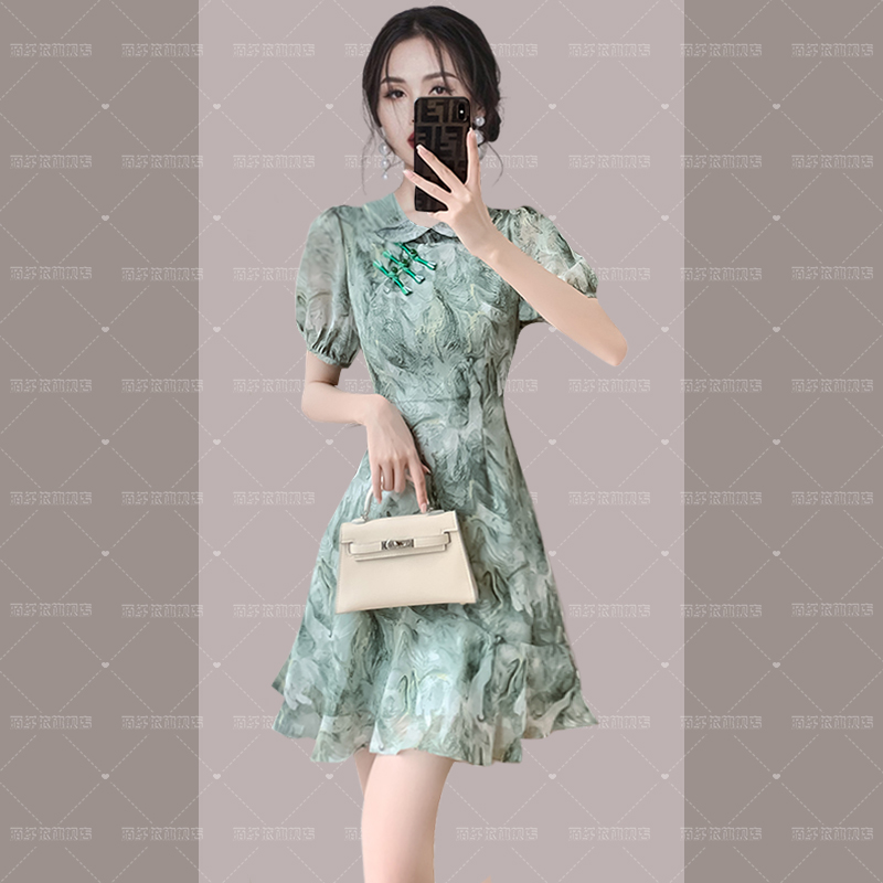 2024夏季女装新中式国风旗袍改良小香风提花绿色连衣裙拼接设计感