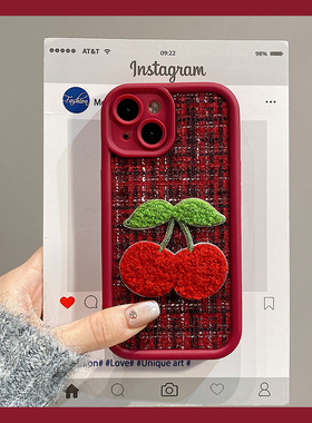 ins风刺绣樱桃水果适用oppok12plus手机壳k11绒布k10x立体k9pro红色k7小香风真我gtneo5秋冬q3/v11/v5/realme