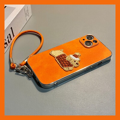 手机壳秋冬绒布牛仔纹橙色卡通刺