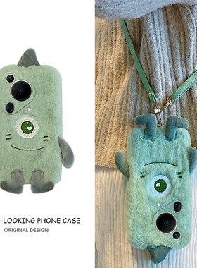 绿色独眼怪适用华为pura70pro手机壳p60art毛毛p50e斜挎p40por+十p30可背p20秋冬季p10plus卡通p9硅胶毛绒绒p