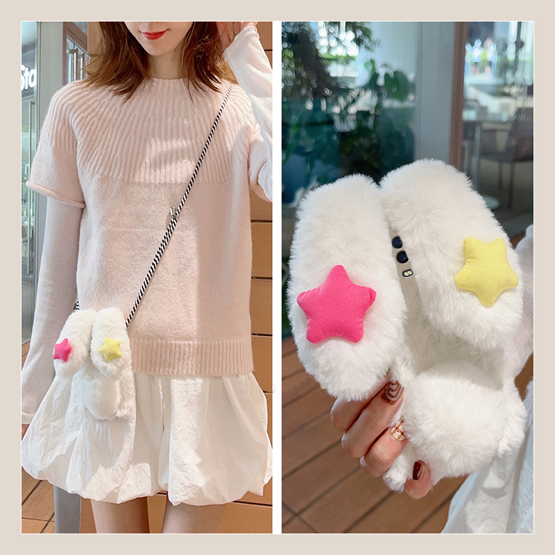 星星兔子耳朵适用oppor17pro手机壳r15x梦境版r11splus斜挎r9s可背带r7plus秋冬季r17毛绒oppo毛茸茸0pp0卡通