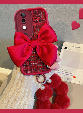 红色蝴蝶结适用vivos20手机壳s19pro绒布s18毛球s17e挂链s16小香风s15por日韩s12新年s10硅胶9e/7t/6/s5/s1软