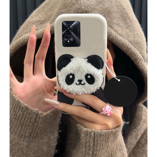 毛绒刺绣熊猫适用oppoa97手机壳a96呆萌a93s秋冬季a92s卡通a72立体a53可爱a58x皮纹a57仿皮a56/a55/a32/a36软