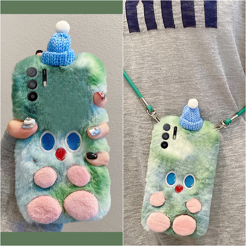 绿色帽子小怪兽适用oppoa3pro手机壳a2x斜挎a1可背a97秋冬季a96毛绒a95a93a91a72a58a57a52a32a11a9a31a8a5