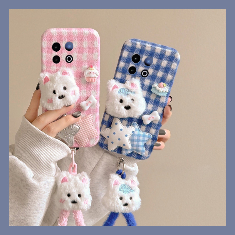拼色格子西高地适用vivoiqooz10x手机壳iqooz9turbo小狗z8x挂绳z7i秋冬季z6x毛绒z5卡通u5x爱酷u3x/iq00/vivo