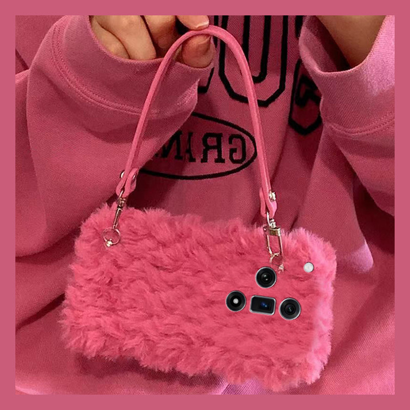 简约纯色波浪纹适用oppofindx8手机壳真我x50pro挂绳k12x玫红x7秋冬季realme保暖findx6pro毛绒ultra软x5/x3